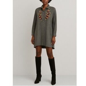 Zara Basic Gray Embroidered Shirt Dress Button Front Long Sleeve‎ Womens S
